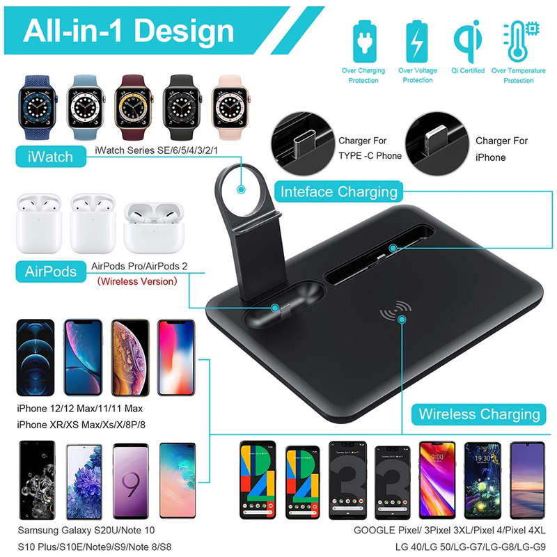 4-in-1 Fast Wireless Charger For iPhone 13 Pro/Airpods 3/Apple Watch Black
