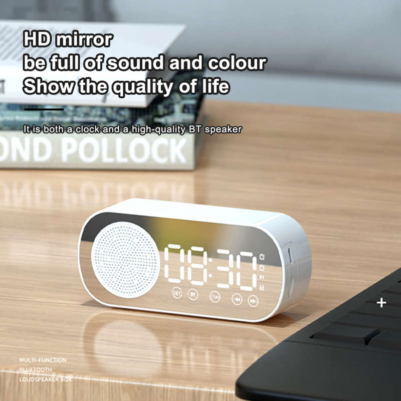 LCD Mirror Dual Alarm Clock With TF Card Bluetooth Speaker FM Radio - White
