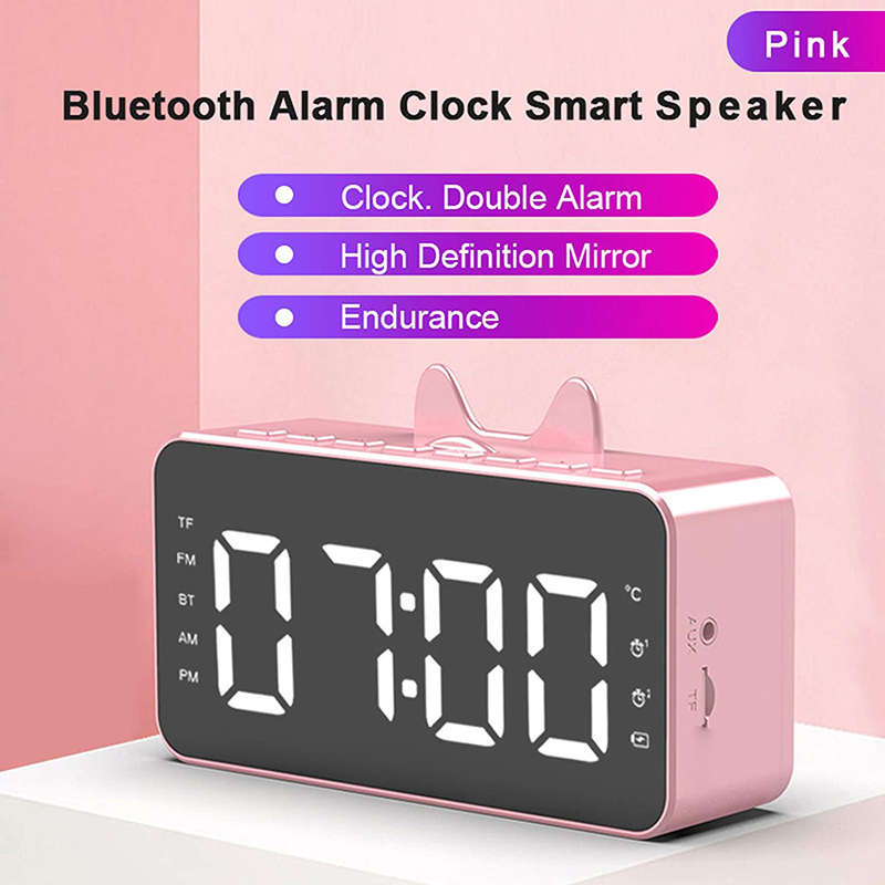 LCD Mirror Alarm Clock With TF Bluetooth Speaker FM Radio Thermometer Pink