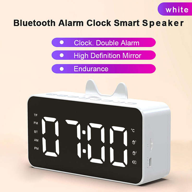 LCD Mirror Alarm Clock With TF Bluetooth Speaker FM Radio Thermometer White