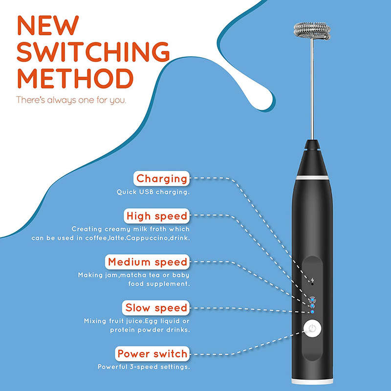 Handheld 3-Speed USB Electric Milk Frother Egg Blender with 3 Heads -Silver