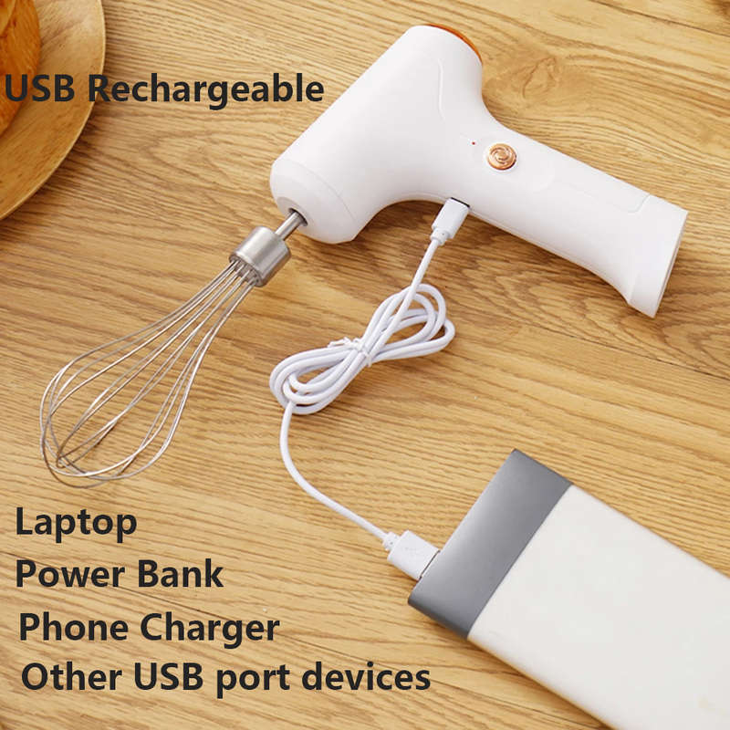 Portable 3 Speeds USB Electric Milk Frother Egg Blender with 2 Heads -White