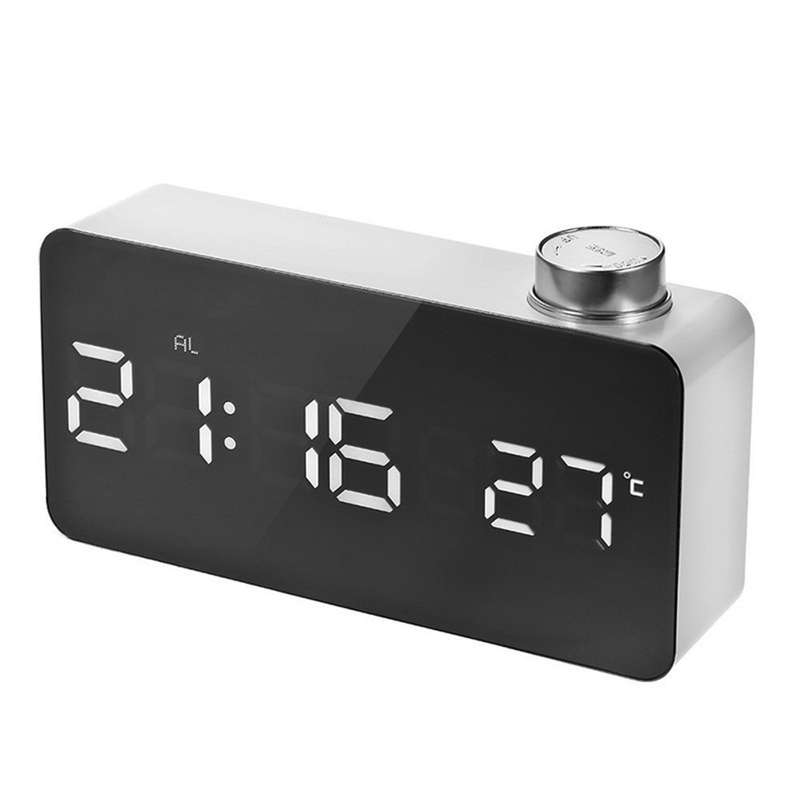 LED Mirror Alarm Clock with Backlight Temperature Snooze Knob Switch -White