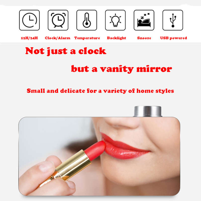 LED Mirror Alarm Clock with Backlight Temperature Snooze Knob Switch -White