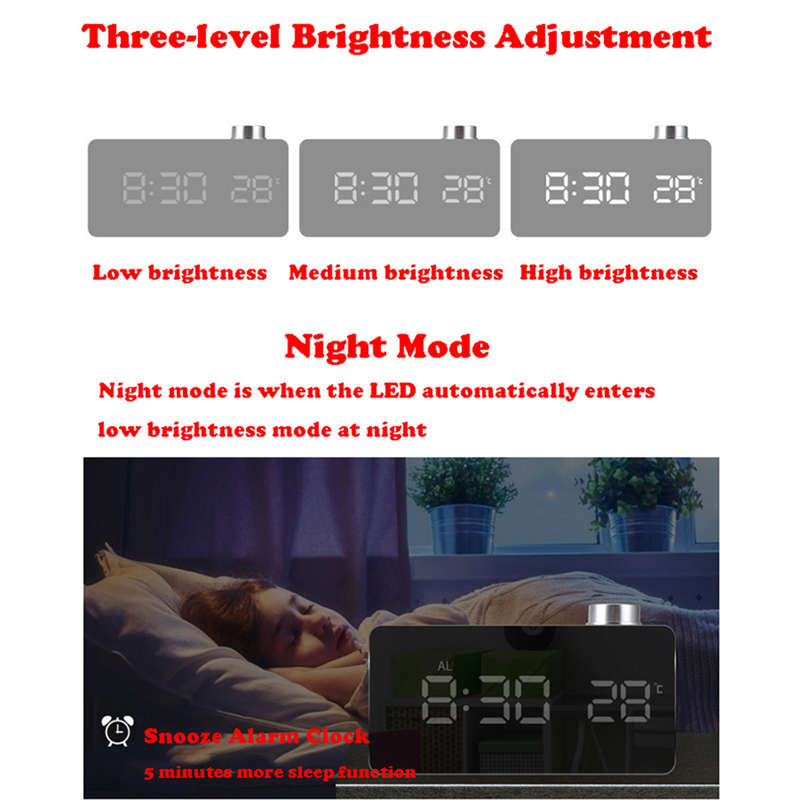 LED Mirror Alarm Clock with Backlight Temperature Snooze Knob Switch -White