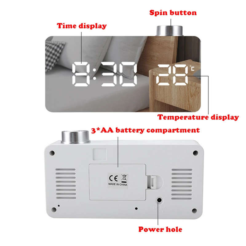 LED Mirror Alarm Clock with Backlight Temperature Snooze Knob Switch -White