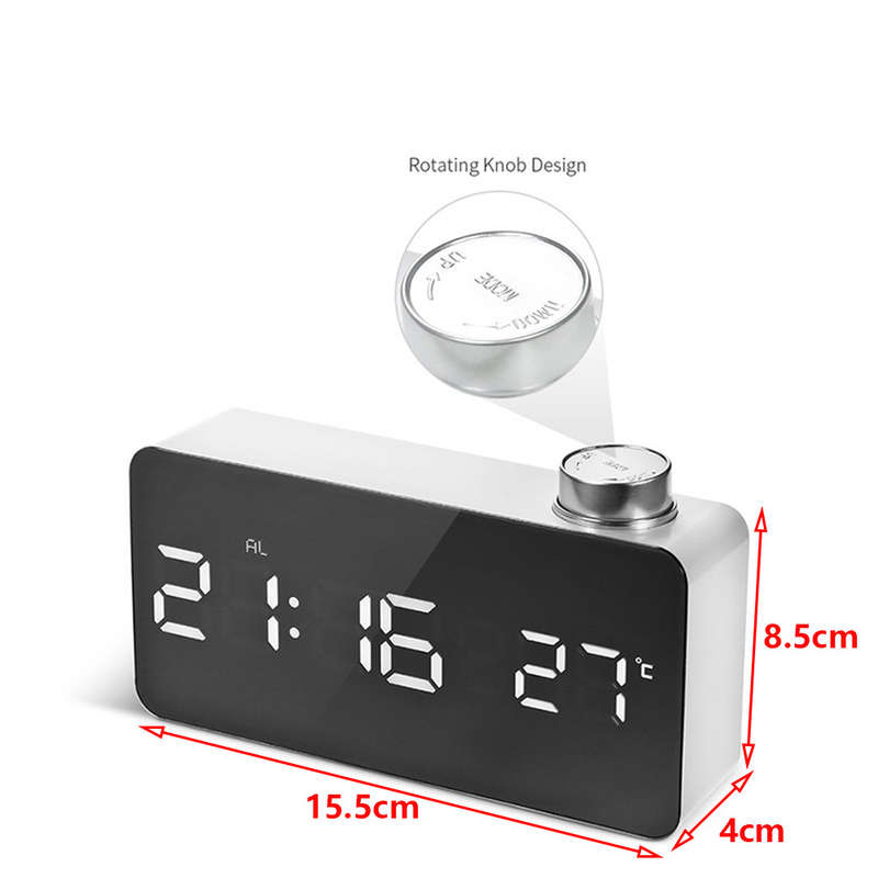 LED Mirror Alarm Clock with Backlight Temperature Snooze Knob Switch -White