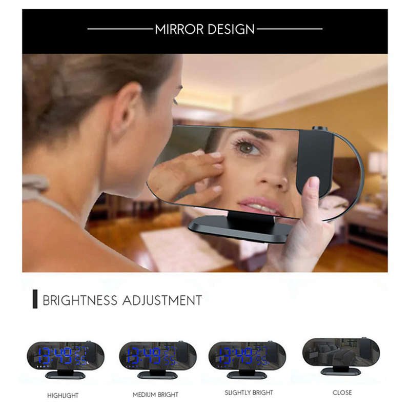 180° Mirror LED Projection Alarm Clock with FM Snooze T & H Display