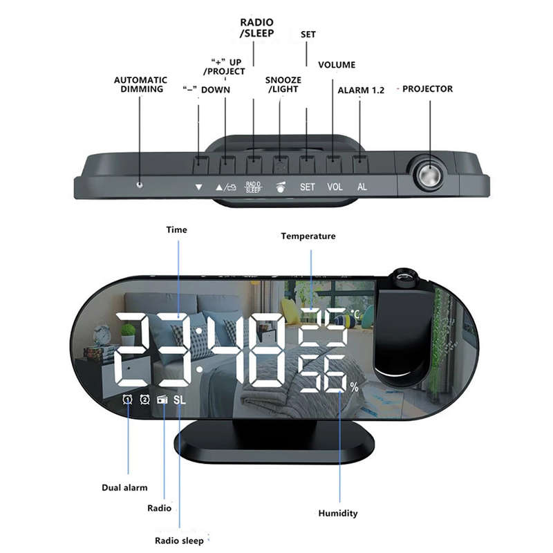 180° Mirror LED Projection Alarm Clock with FM Snooze T & H Display - White