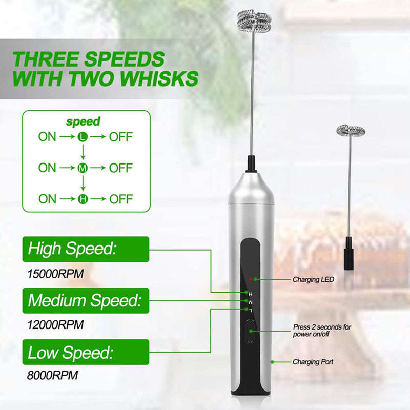 3-Speed Handheld USB Electric Milk Whisk Coffee Foam Maker with 2 Heads