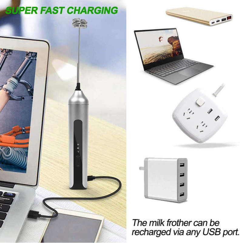 3-Speed Handheld USB Electric Milk Whisk Coffee Foam Maker with 2 Heads