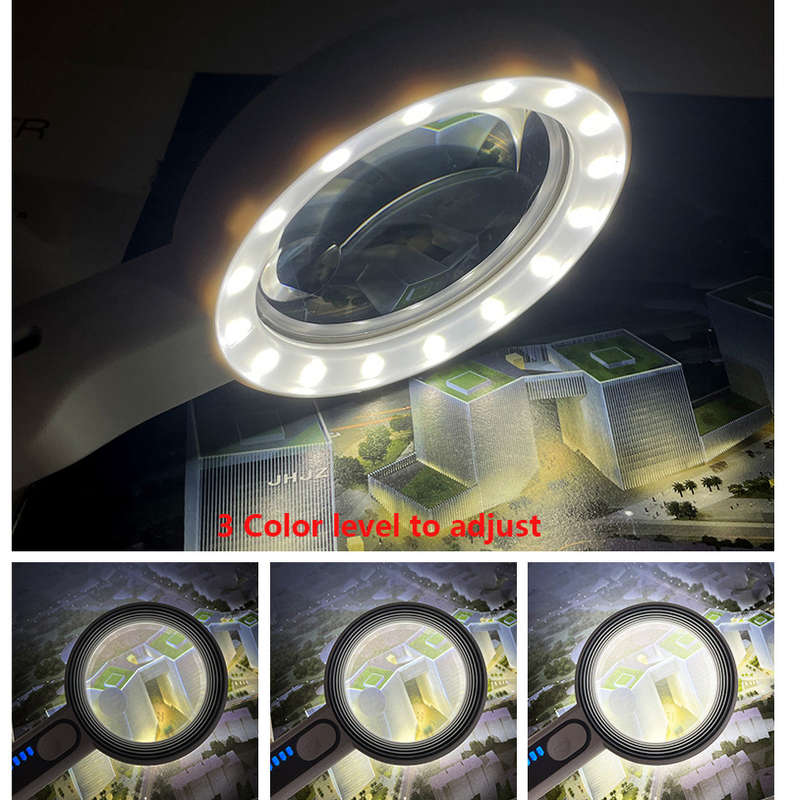 3 Light Levels Touch Switch 6X 12X Handheld Magnifying Glass with 16 LED