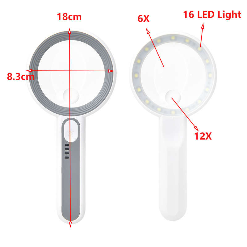 3 Light Levels Touch Switch 6X 12X Handheld Magnifying Glass with 16 LED