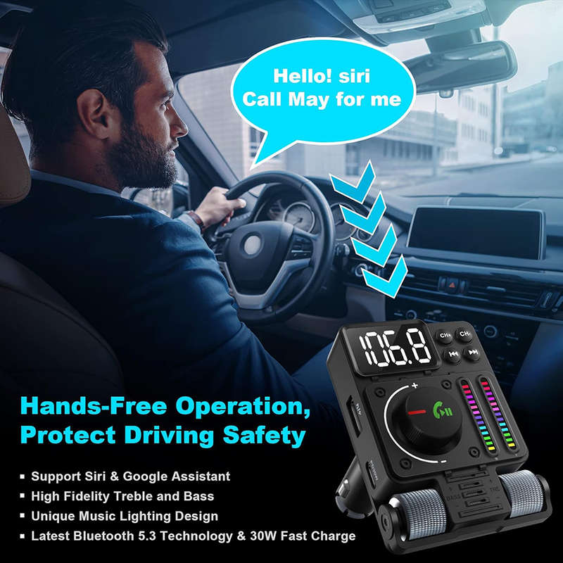 Wireless In-Car Bluetooth 5.3 FM Transmitter Radio Adapter