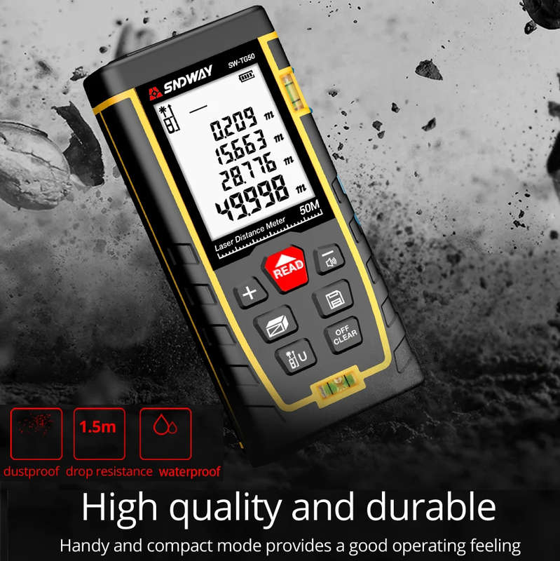 50M Handheld Digital Laser Distance Meter with 2 Bubble Level & Backlit LCD