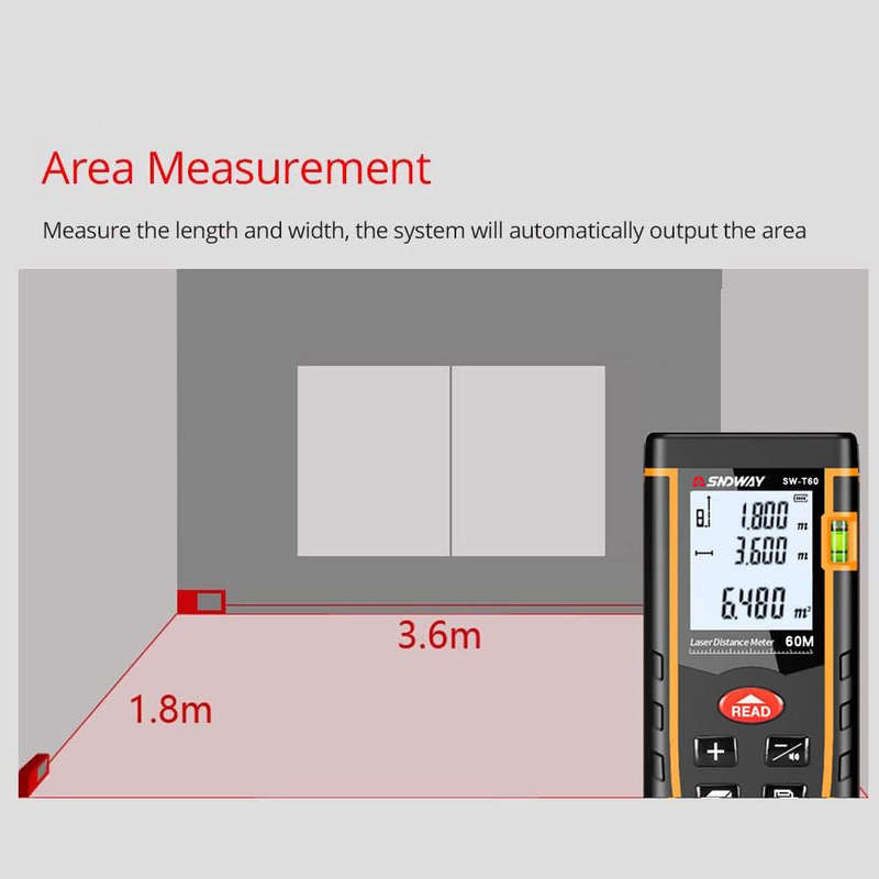 60M Digital Laser Distance Measuring Meter with Bubble Level & Backlit LCD