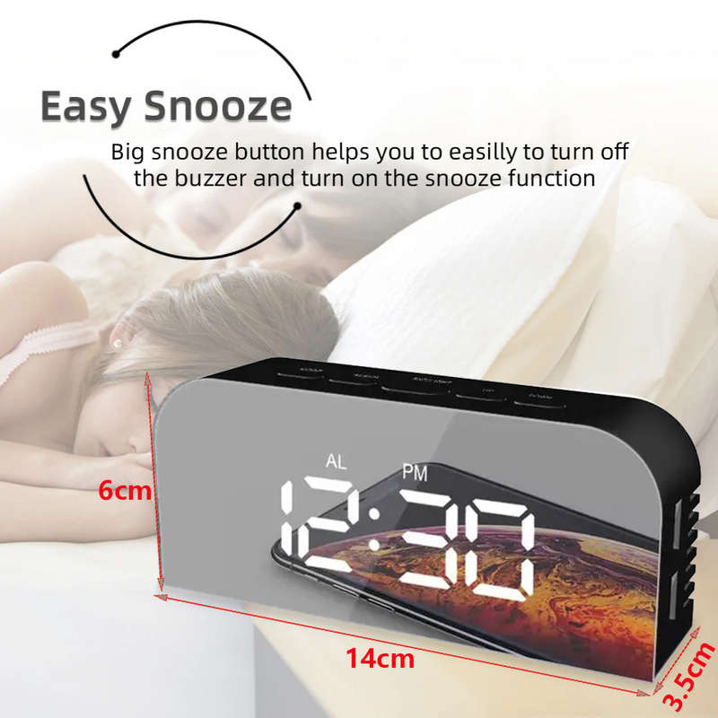 LED Mirror Clock with Alarm/Snooze/Temperature for Home Office - Black