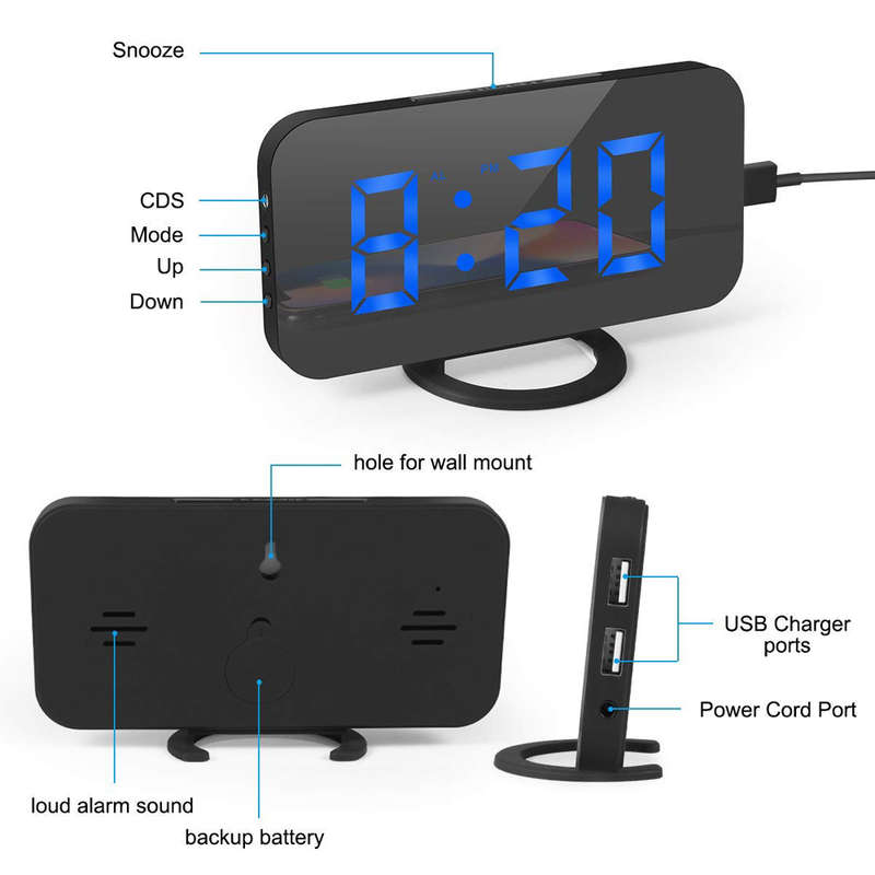 Large LED Display Digital Alarm Clock with Dual USB