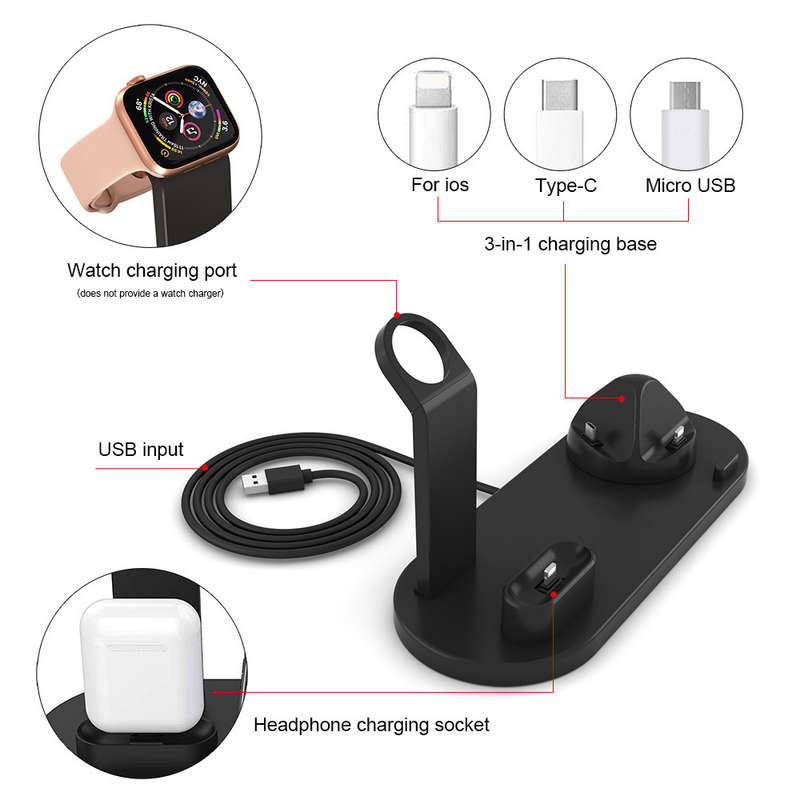 3 in 1 Multifunctional Rotatable Charging Dock Station - Type C, Apple Port and MicroUSB -  Black