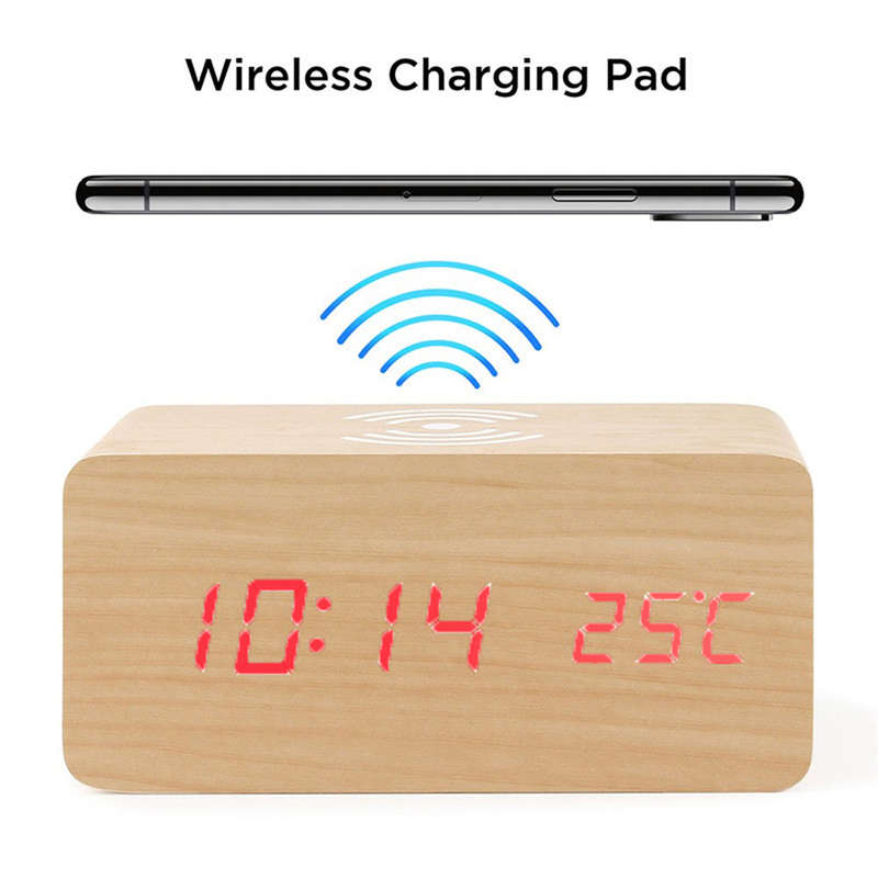 Multi-Function Desktop Wooden Alarm Clock Wireless Charger