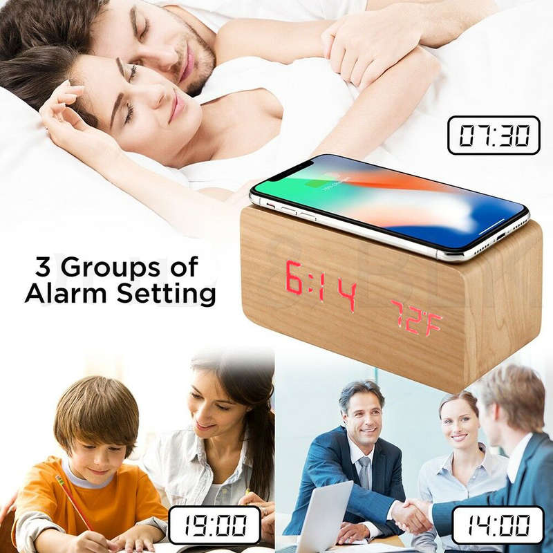 Multi-Function Desktop Wooden Alarm Clock Wireless Charger