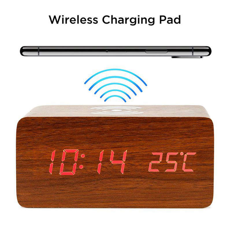 Multi-Function Desktop Wooden Alarm Clock Wireless Charger-Brown