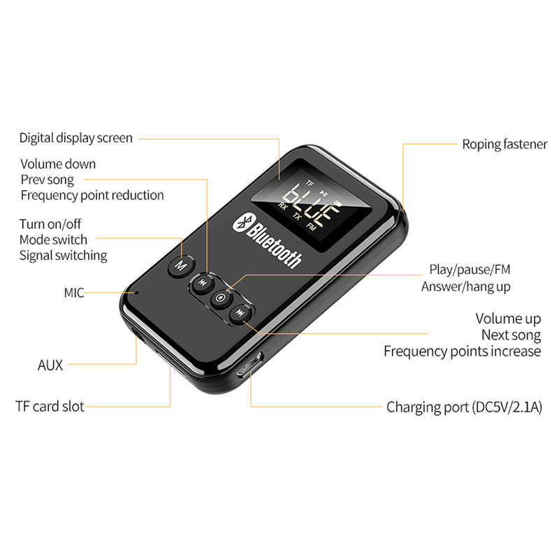 Bluetooth 5.0 Receiver Transmitter Wireless Music Adapter For PC Car-Black