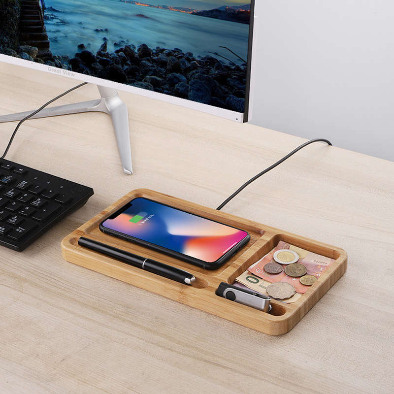 Bamboo Wood Wireless Charging Pad Desktop Organizer Wireless Charger