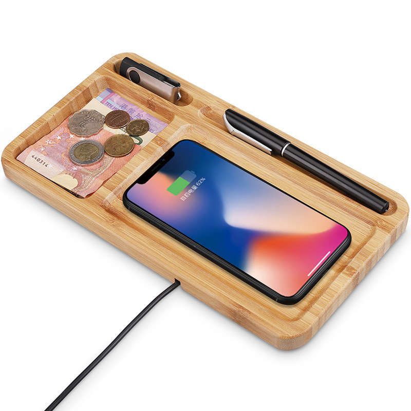 Bamboo Wood Wireless Charging Pad Desktop Organizer Wireless Charger