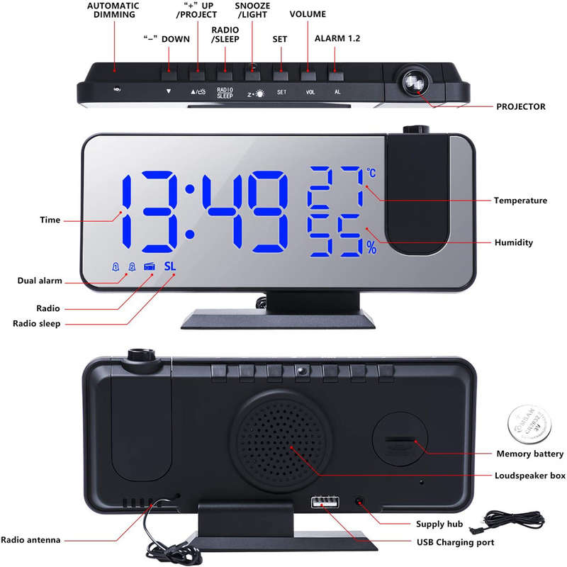 7.5 Inch FM Radio Temperature Display Digital Projection Alarm Clock