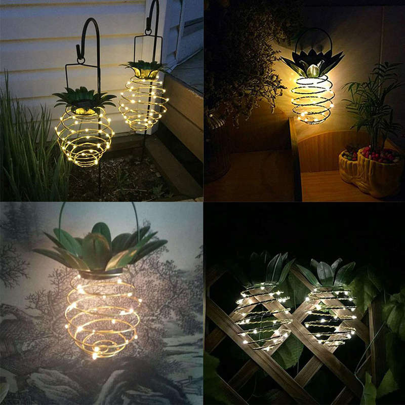 2 Piece Solar Garden Pineapple Shape Outdoor Iron Wire Art Hanging Light
