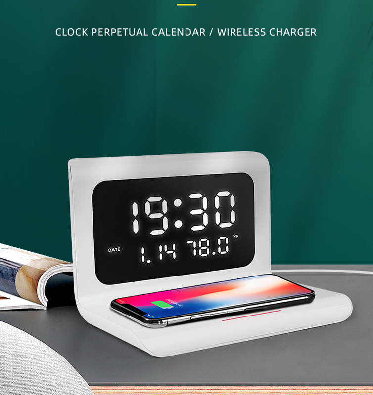Desktop LED Digital Display Alarm Clock Wireless Phone Charger-White