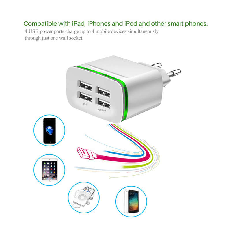 4A Quick Charger EU Plug 4-Port USB Charge Adapter Wall Charger- White