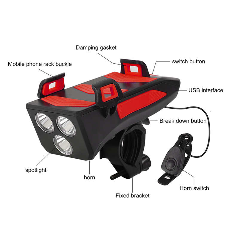 3 in 1 Bicycle Front Light Bike Horn Alarm Bell Mobile Phone Holder