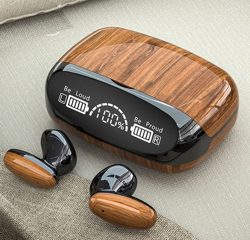 LED Display Charging Box Wood Grain Bluetooth 5.2 Wireless Headphone
