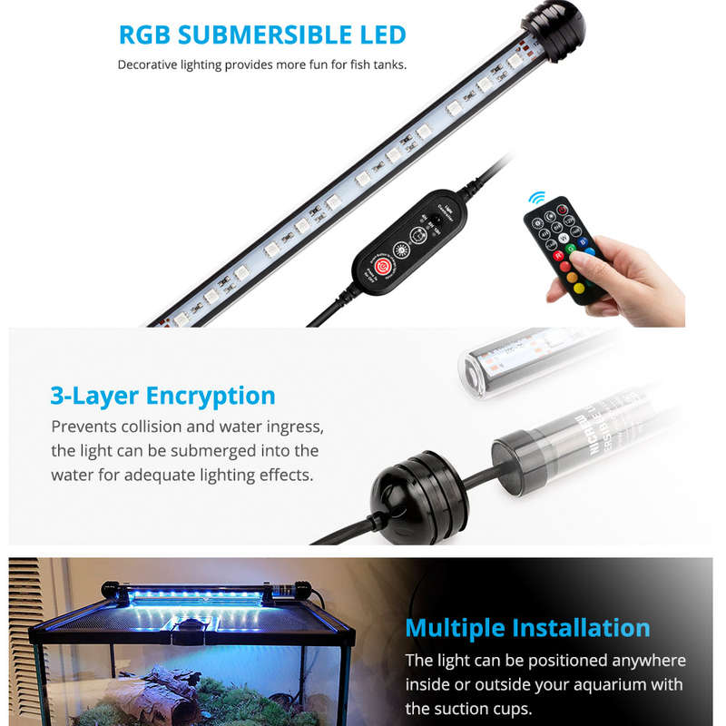 Waterproof LED Fish Tank Lights RGB Aquarium Lights with Timer Control