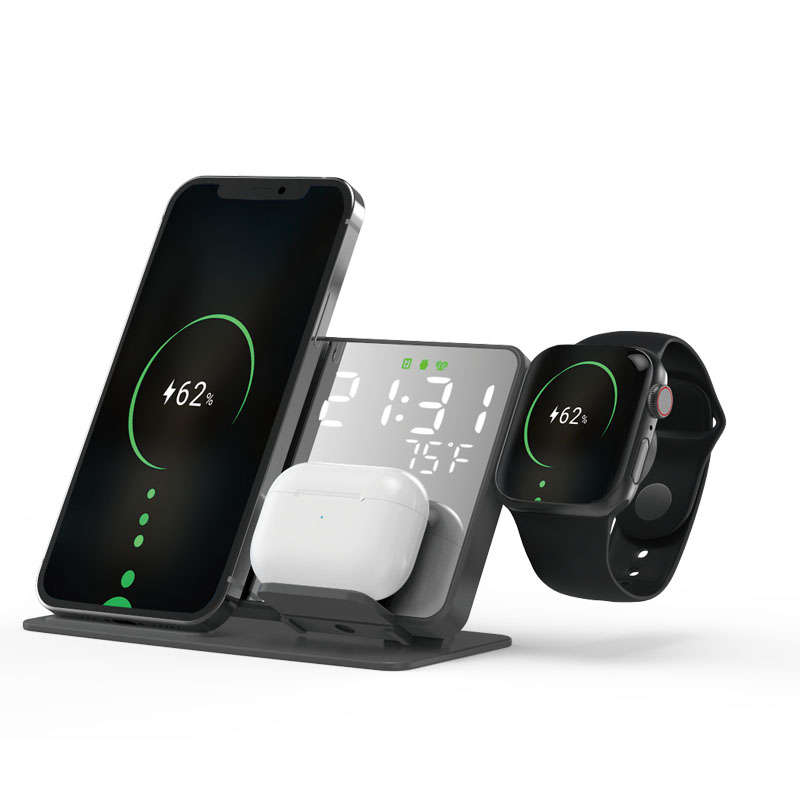 4 in 1 Alarm Clock Temperature Display Qi Wireless Fast Charging Station