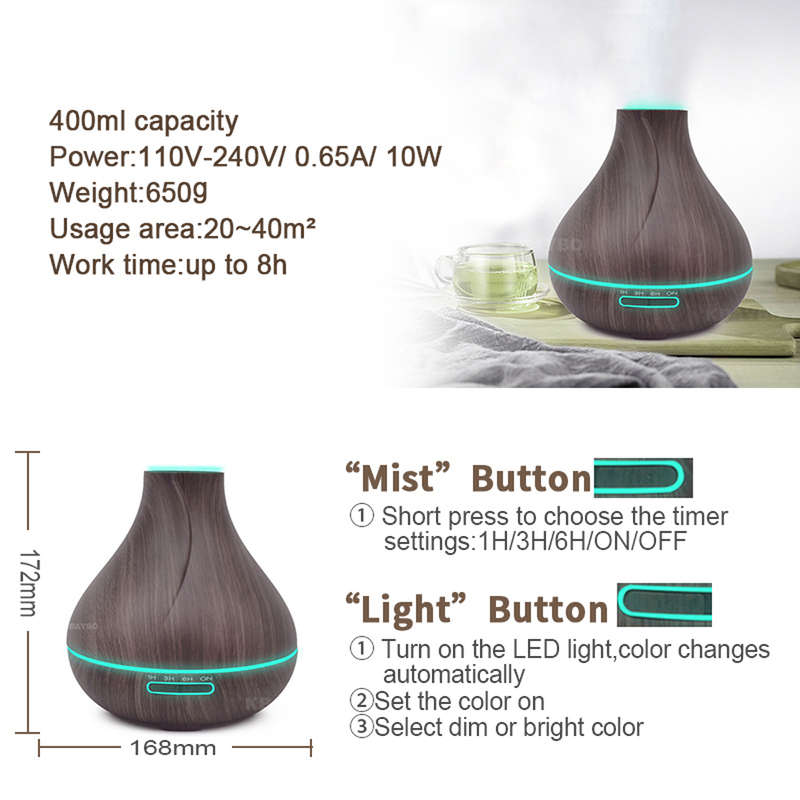 Woodgrain LED Aromatherapy Cool Mist Maker Essential Oil Diffuser-400ml