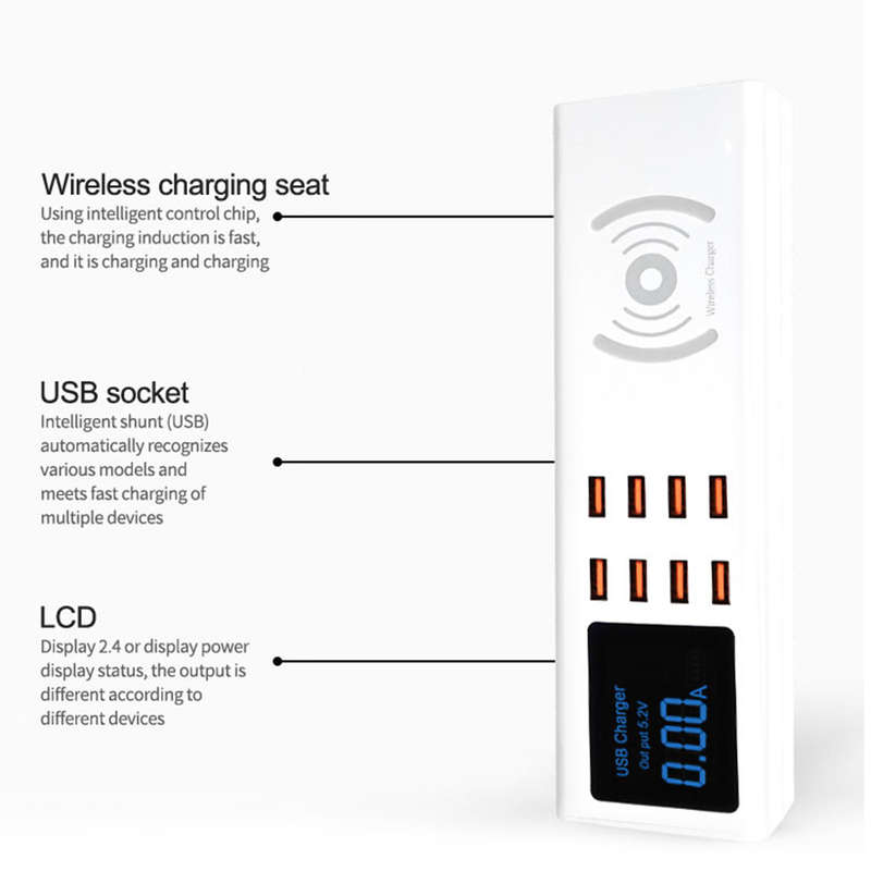Multifunction 8 Port USB Wireless Charger Station With LCD Display