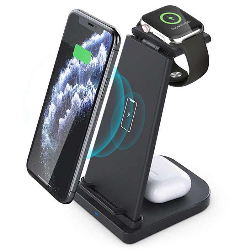Portable 3 in 1 Fast Wireless Charging Station Charger Stand - Black