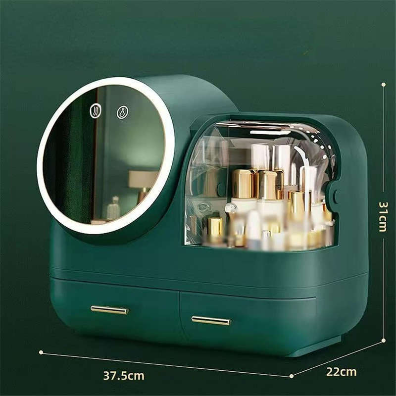 Makeup Organizer Cosmetic Storage Box Display Case with LED Mirror and Fan