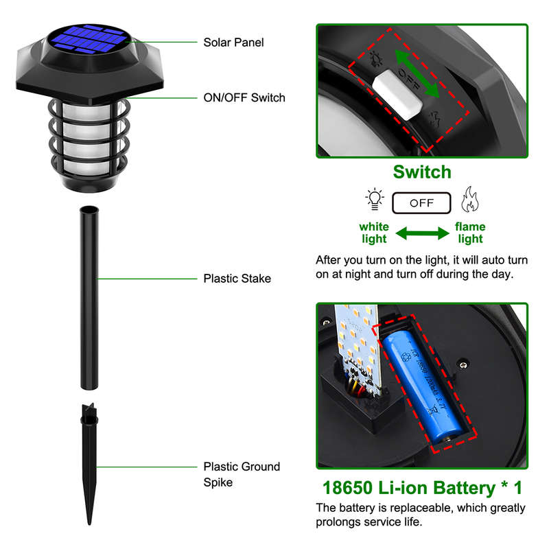 2 Pack LED Flame Solar Lights with White Light and Dancing Flame Mode