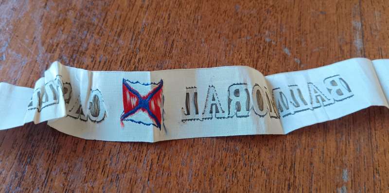 Balmoral Castle steamship tally ribbon (1910 to 1939)
