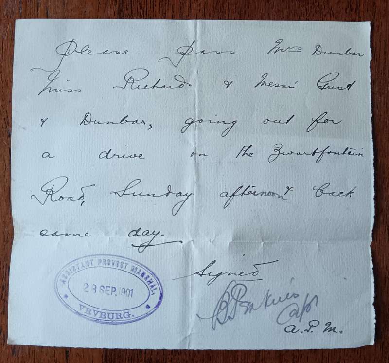 Boer War handwritten day pass Vryburg 28 September 1901 - for Sunday afternoon drive