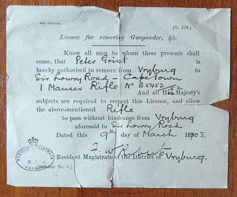 1903 license for removing gunpowder/carry a Mauser from Vryburg to Cape Town