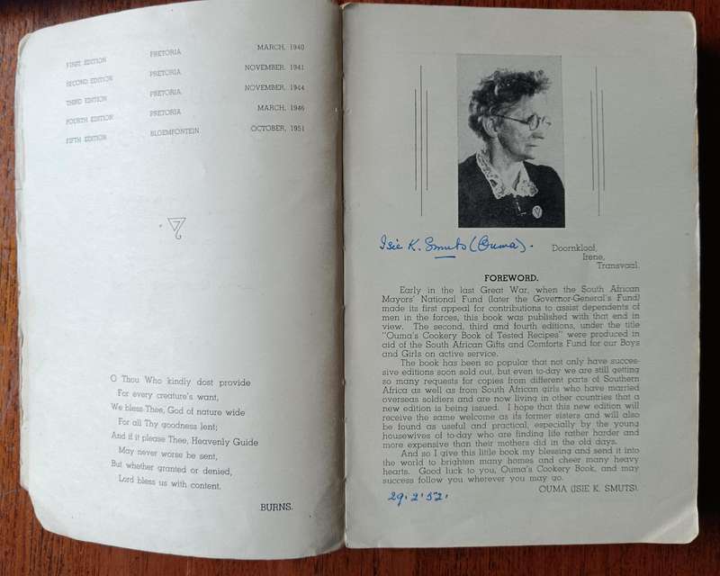 Two post-war cookery books - Victory and Ouma's - one signed by Ouma Isie Smuts
