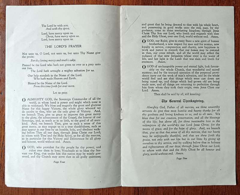 WW1 Armistice Thanksgiving Service pamphlet for churches in the Union of South Africa