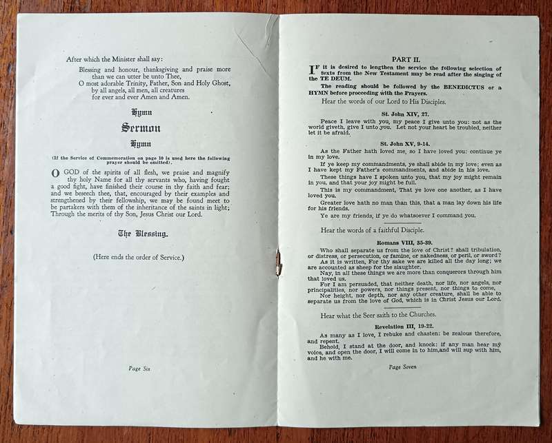 WW1 Armistice Thanksgiving Service pamphlet for churches in the Union of South Africa