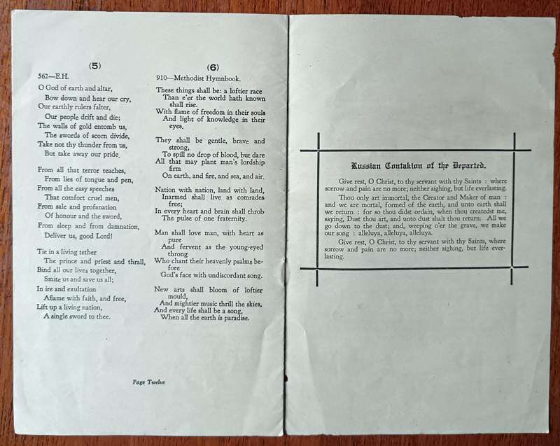 WW1 Armistice Thanksgiving Service pamphlet for churches in the Union of South Africa