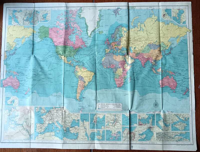 Bartholomew's Route Chart of the World, mounted on cloth, showing British Empire, circa 1920